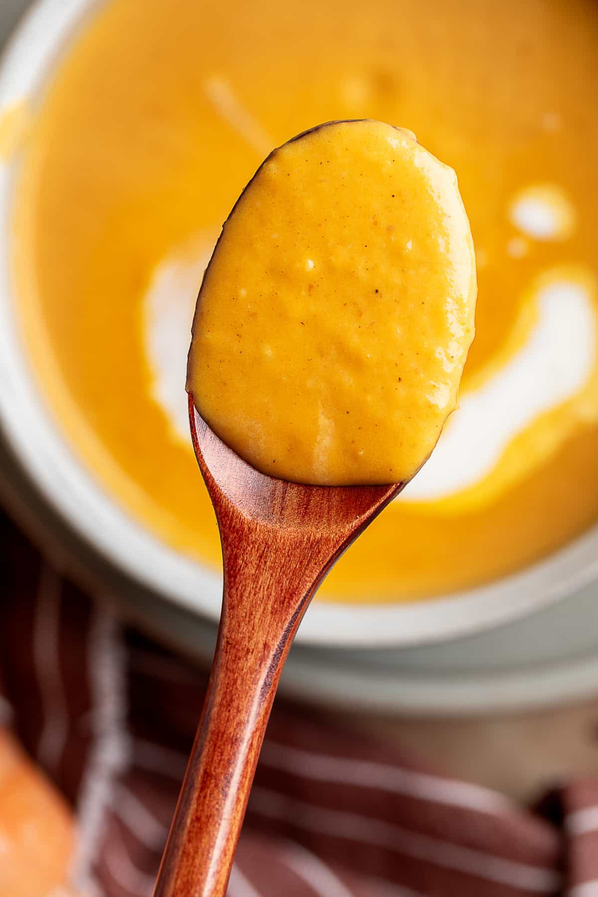 spoonful of pumpkin soup spoonful of creamy roasted garlic pumpkin soup lifted from the bowl to show thick texture