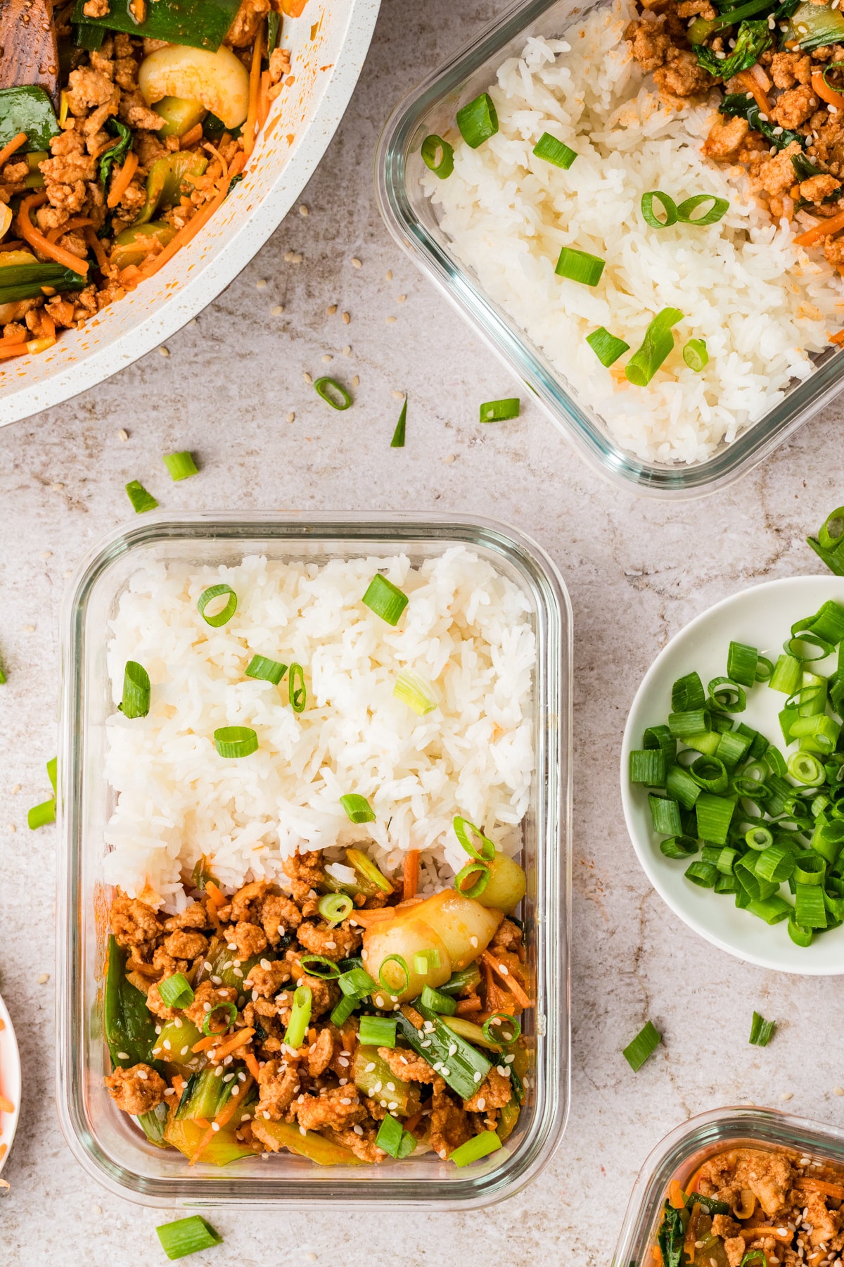 Ground turkey stir fry meal prep. Ground turkey stir fry packed into glass meal prep containers with rice.
