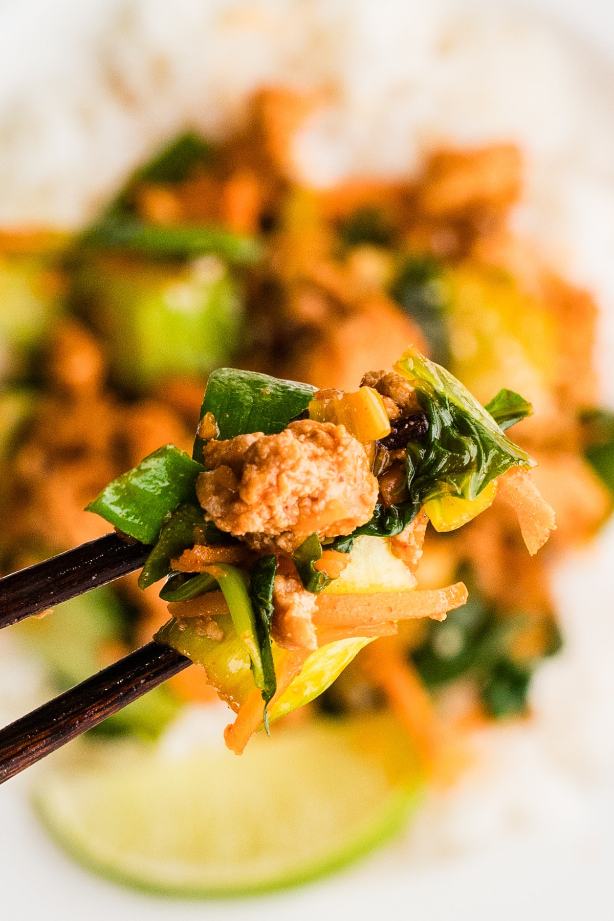 Easy turkey skillet dinner. Skillet dinner with turkey, bok choy, and carrots in savory sauce bite with chopstix