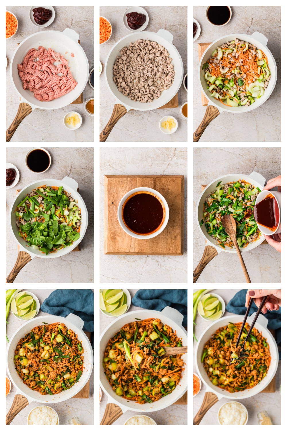 Turkey stir fry cooking process collage. Step-by-step collage showing how to make turkey and vegetable stir fry for meal prep.