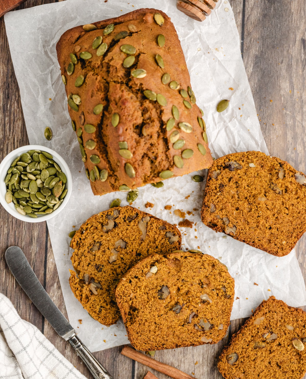sliced pumpkin bread with walnuts pumpkin loaf sliced with lower calories than traditonal pumpkin bread
