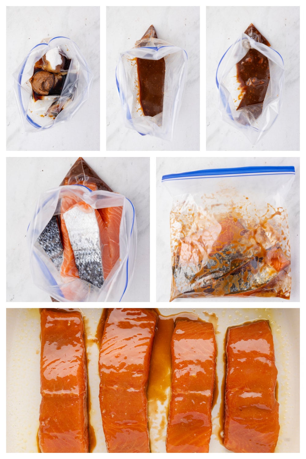 Step-by-step process of marinating salmon fillets in miso marinade inside zip-top bags.