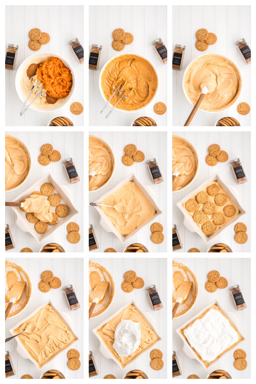 Step by step photos showing how to make no bake pumpkin icebox cake with gingersnaps