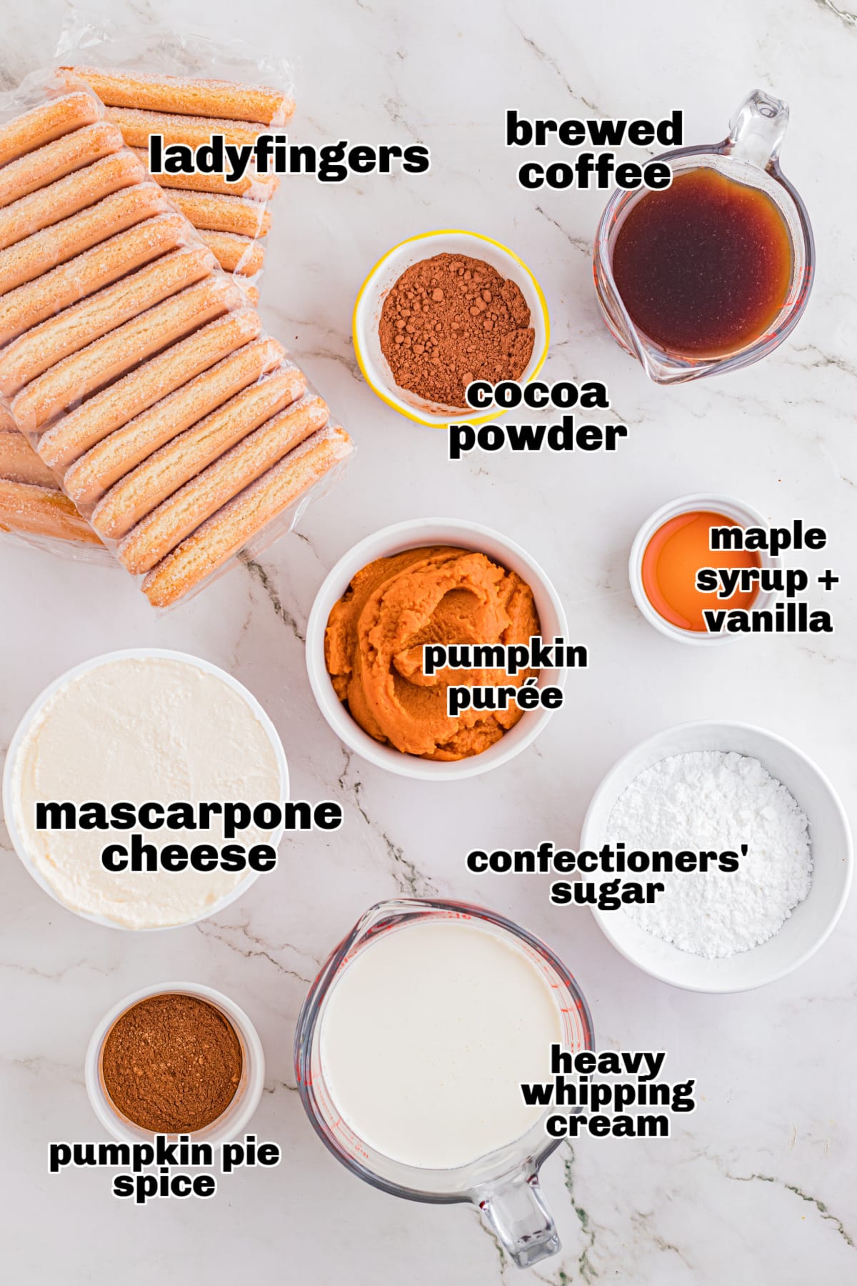 pumpkin dessert ingredients laid out Ingredients for no bake pumpkin dessert including pumpkin purée, mascarpone, coffee, and ladyfingers