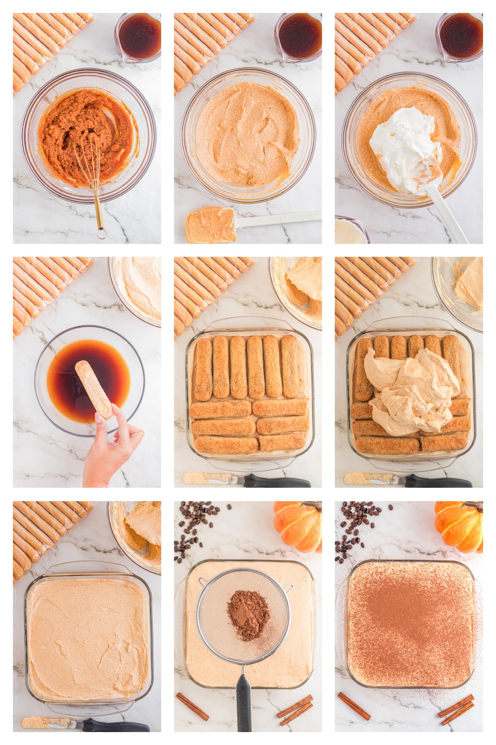 pumpkin dessert step by step process Step by step process of making pumpkin dessert from mixing filling to layering cookies