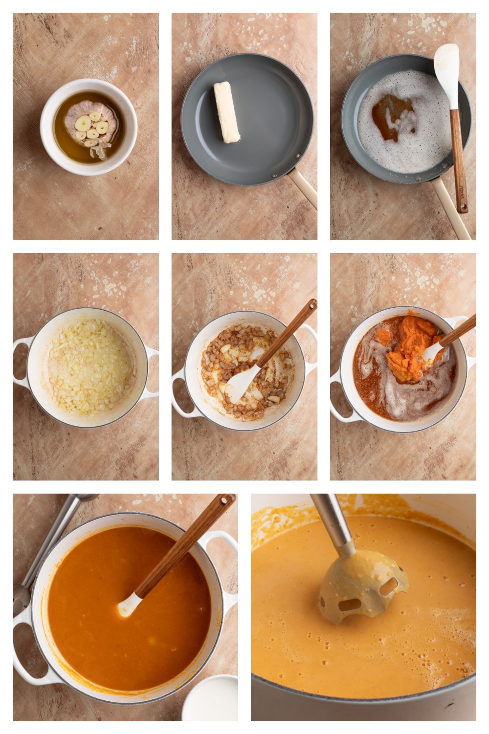 pumpkin soup step by step process step by step collage showing roasted garlic, browned butter, onions sautéing, pumpkin purée added, and soup blended smooth