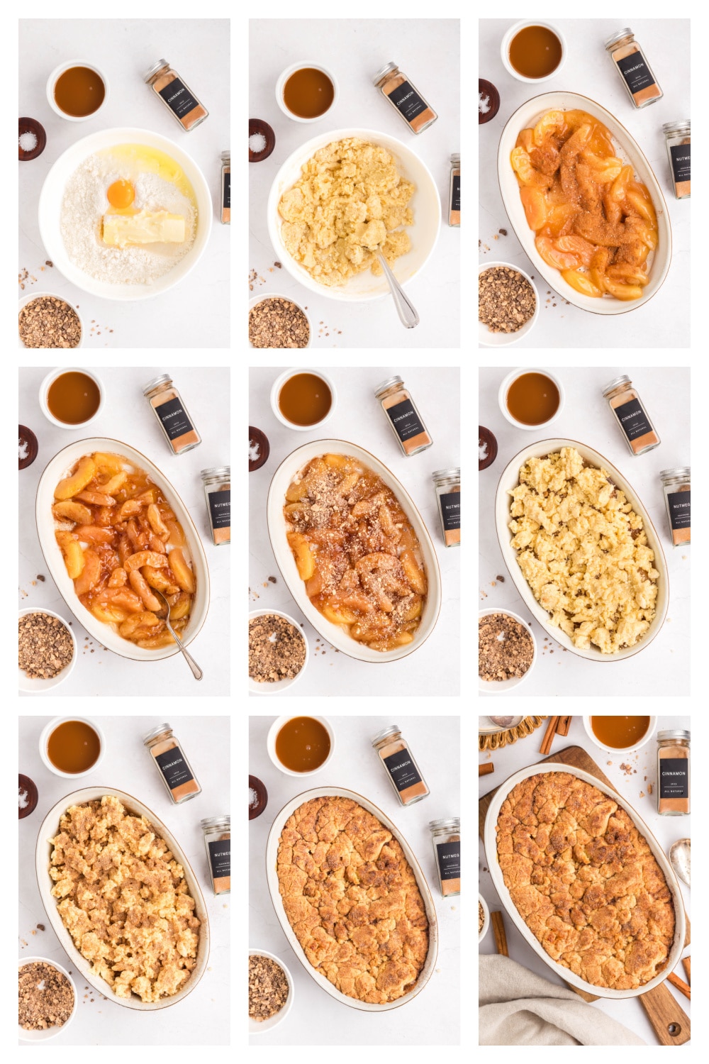 Step by step process shots showing how to make snickerdoodle apple cobbler.