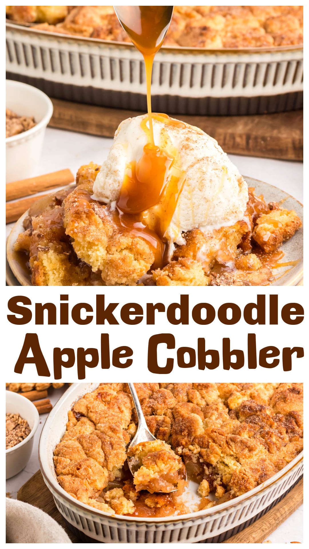 Snickerdoodle apple cobbler made with apple pie filling, a cinnamon sugar cookie topping, caramel drizzle, and toffee bits. This easy apple cobbler recipe bakes golden and gooey, with a soft snickerdoodle crust over sweet apples. Save it if you’re looking for apple cobbler with cookie topping or a cinnamon sugar apple cobbler that scoops right out of the pan. via @cmpollak1