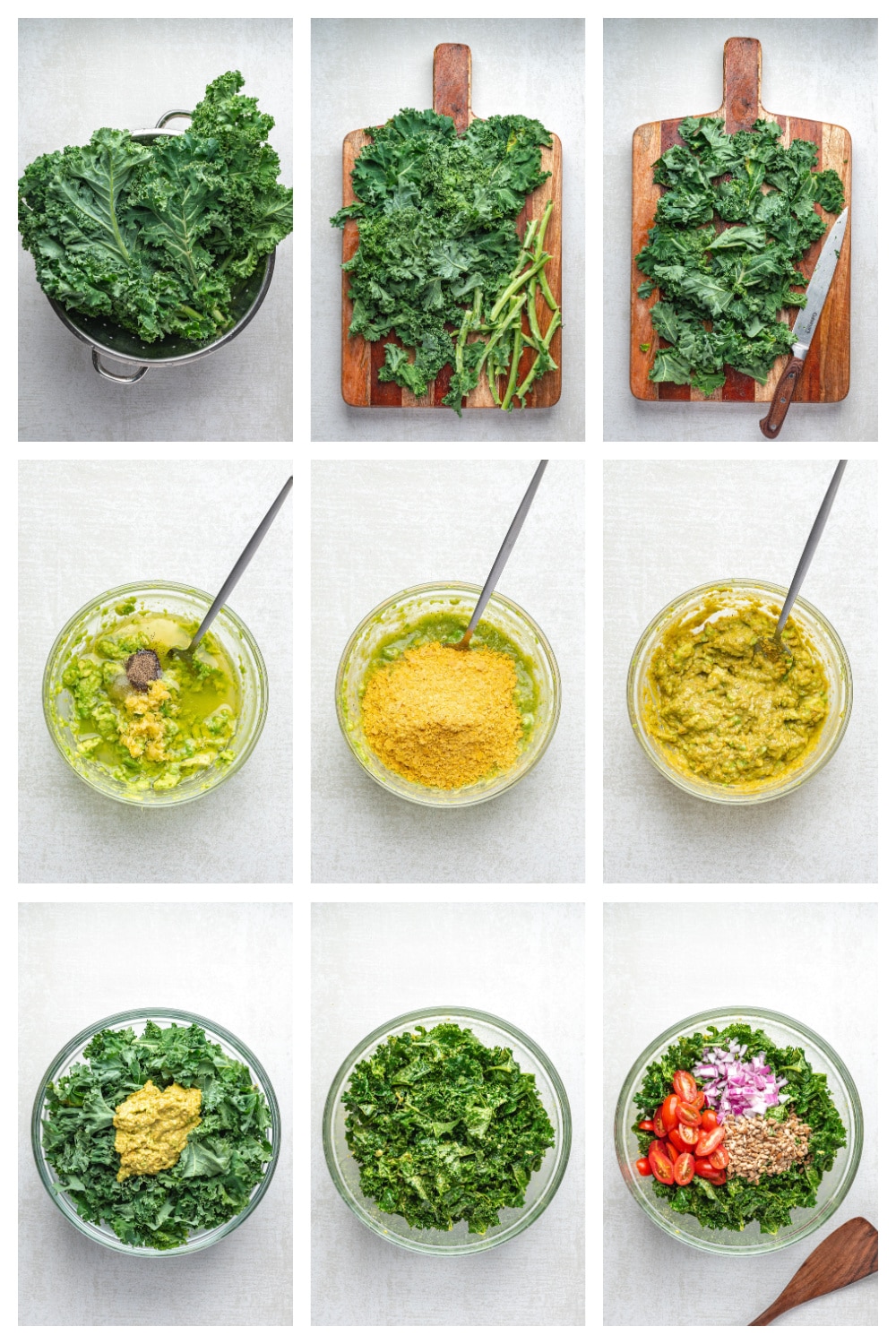 Step-by-step process for making avocado kale salad with “cheesy” flavor, from prepping kale and mixing avocado dressing to adding toppings.