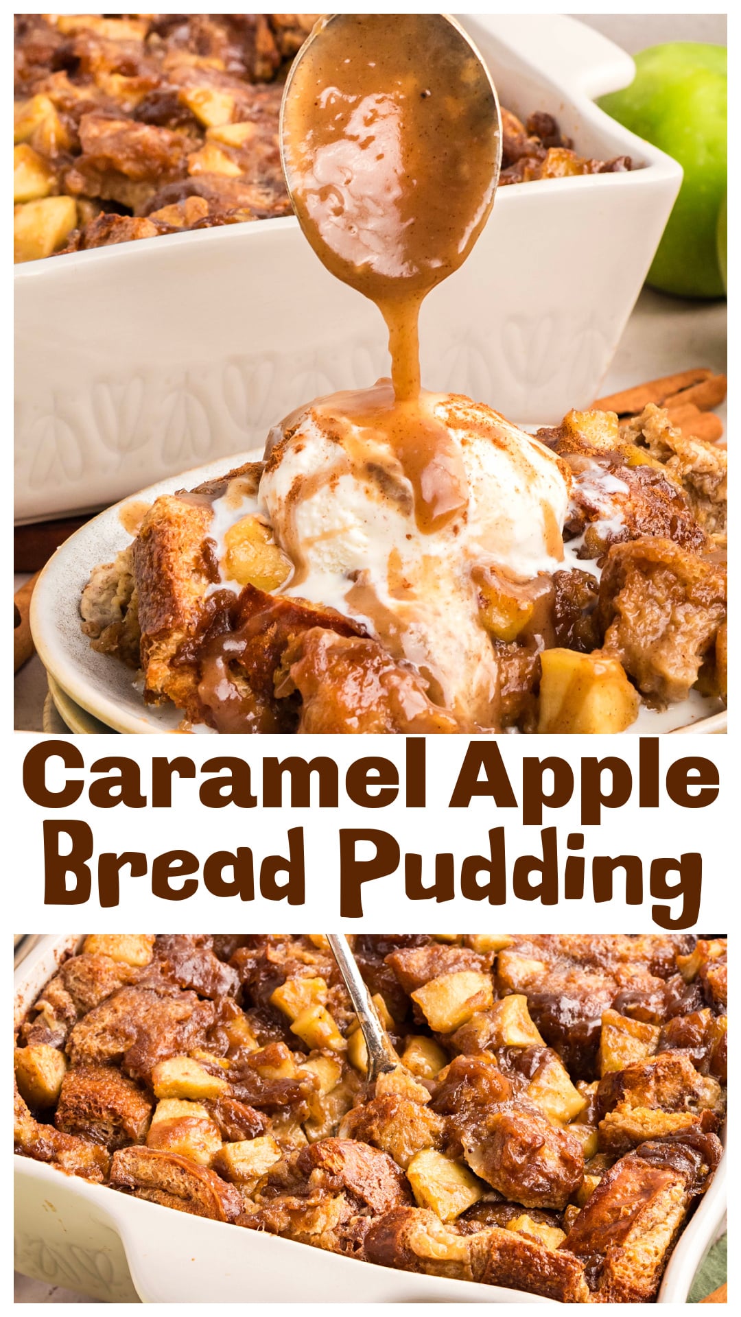 Caramel Apple Bread Pudding made with buttery brioche, spiced caramel apples, and a creamy baked custard. This easy fall dessert layers rich brown sugar caramel with tart Granny Smith apples for the ultimate apple dessert. Bake it golden, drizzle with caramel, and serve warm with ice cream. A comforting brioche bread pudding that’s perfect for holidays, entertaining, or any fall evening. via @cmpollak1