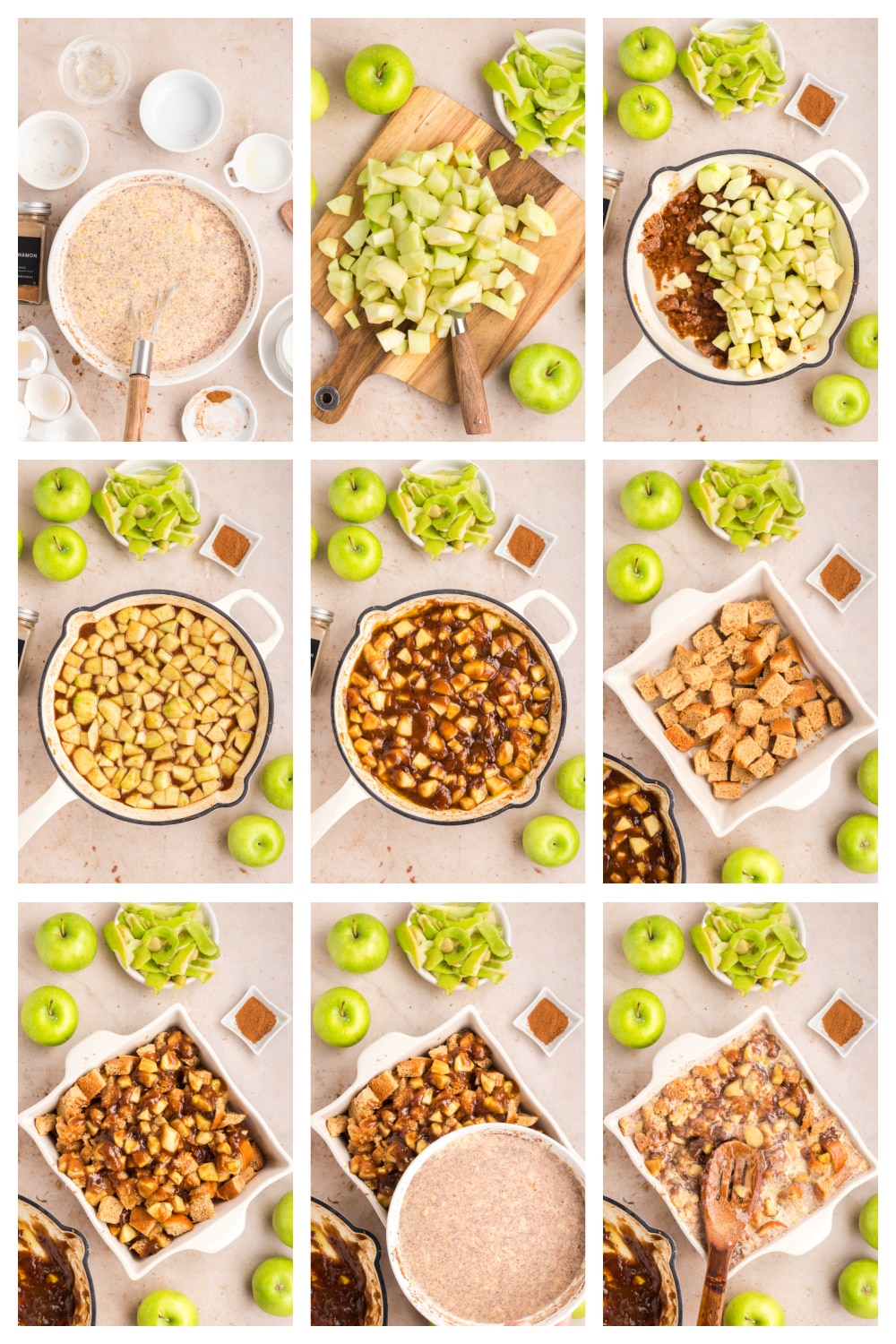 Step-by-step process showing how to make caramel apple bread pudding with cubed brioche, cooked apples, and custard mixture.