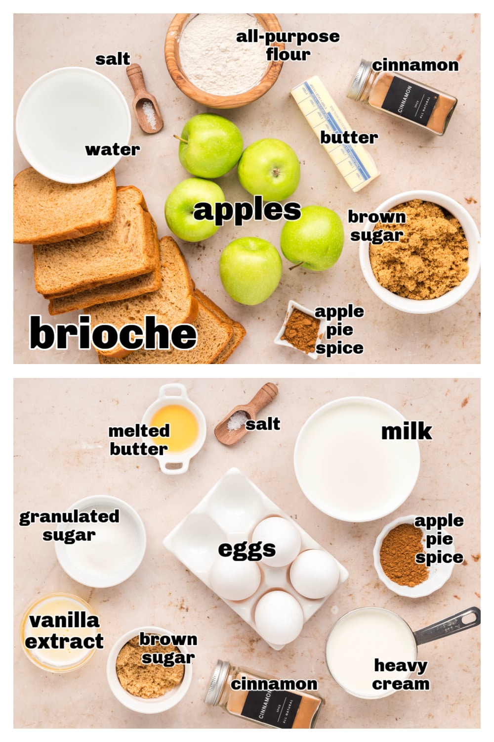 Ingredients for caramel apple bread pudding including brioche, Granny Smith apples, brown sugar, cinnamon, and cream arranged on a counter.