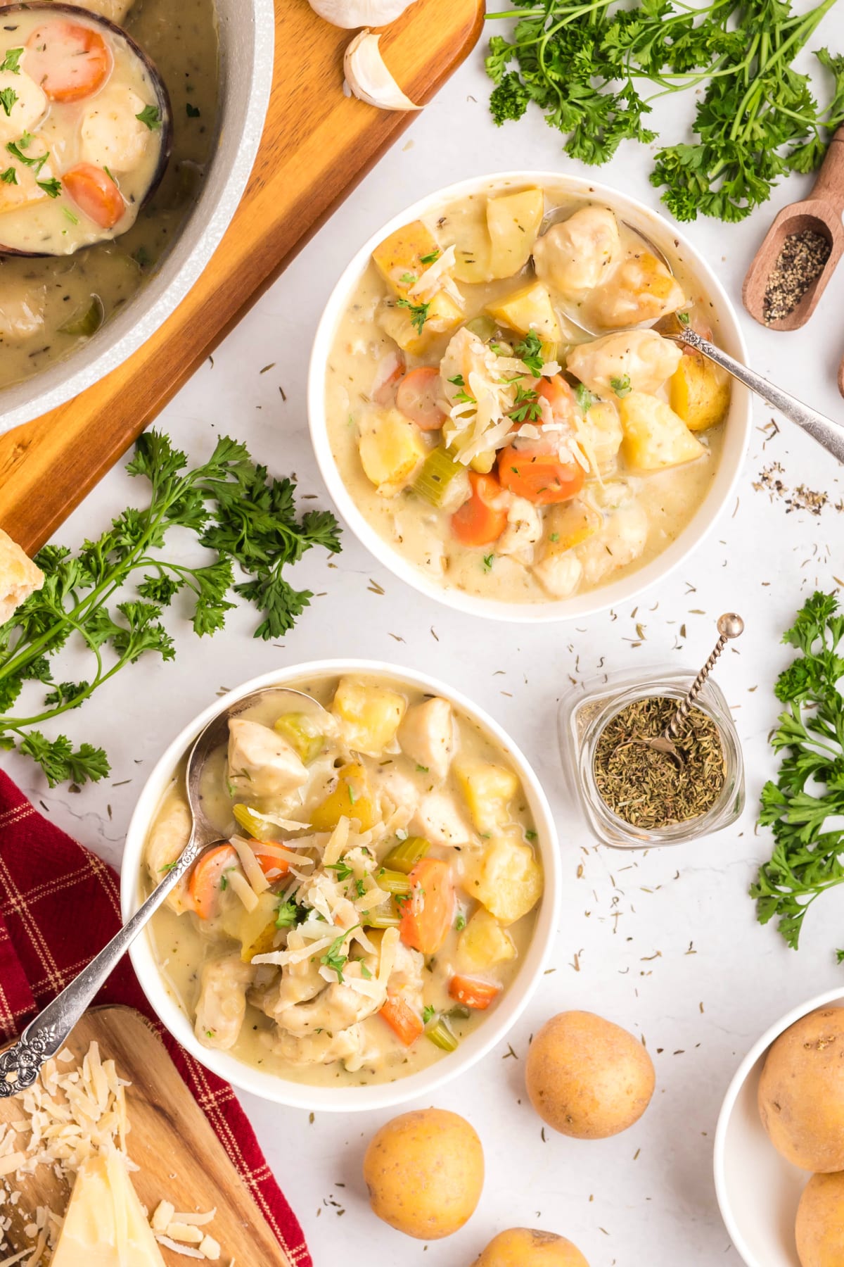 chicken and vegetable stew in bowls bowl of chicken and vegetable stew with potatoes, carrots, celery, and Parmesan, surrounded by fresh parsley, garlic, and herbs on the counter.