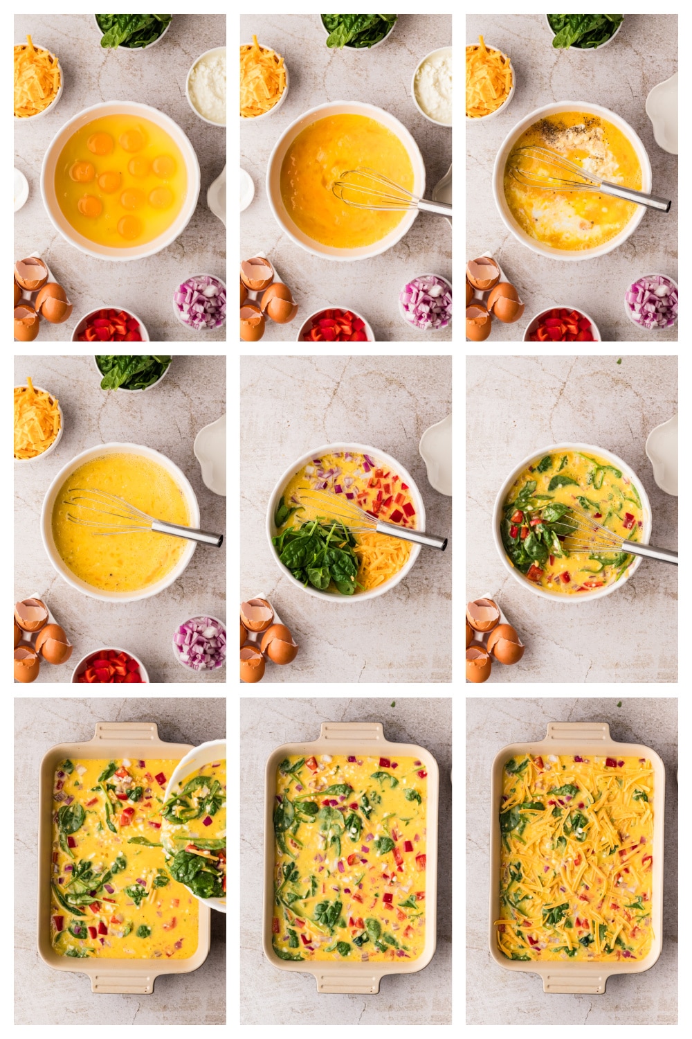 How to make cottage cheese egg bake step photos Step by step collage showing how to make cottage cheese egg bake with spinach, peppers, and cheddar