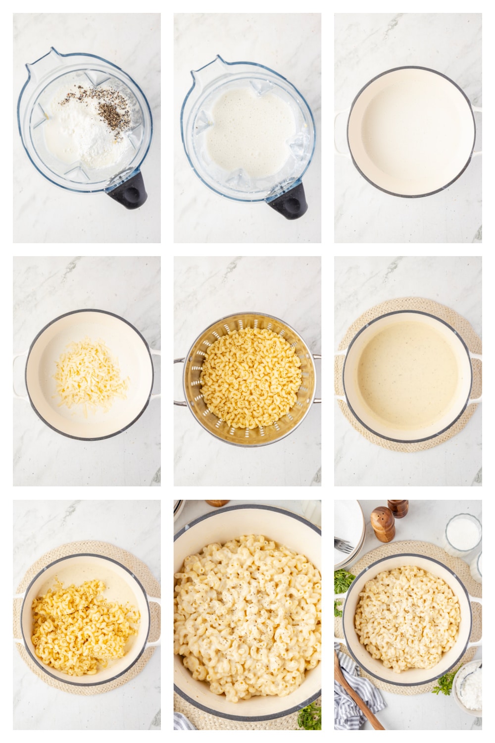 How to make stovetop cottage cheese mac and cheese. Step-by-step stovetop cottage cheese mac and cheese showing blending, melting, and tossing with pasta.