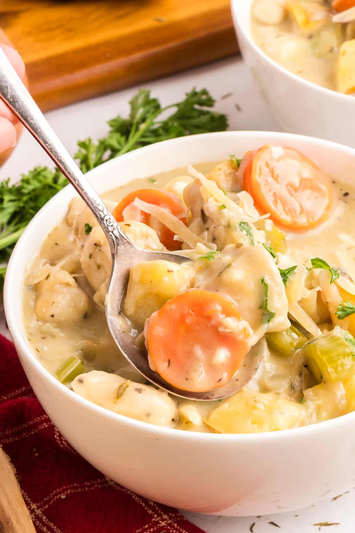 creamy chicken and vegetable stew in bowl spoon lifting creamy chicken and vegetable stew with carrots, celery, potatoes, and Parmesan from a white bowl, showing thick broth and herbs.