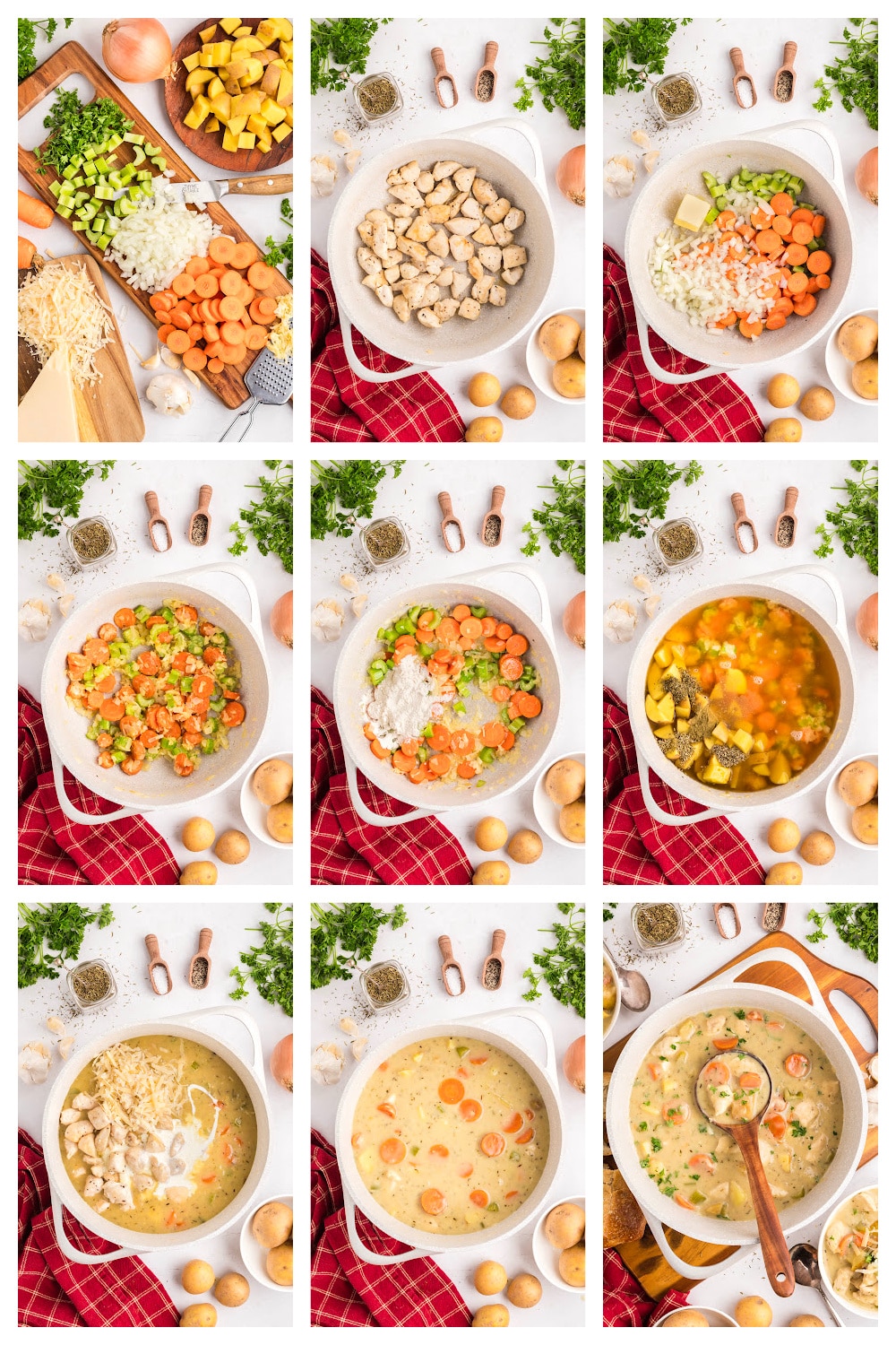 how to make creamy chicken stew step-by-step photos showing how to make creamy chicken stew with chicken, carrots, celery, potatoes, flour, broth, cream, and Parmesan simmered together in one pot.
