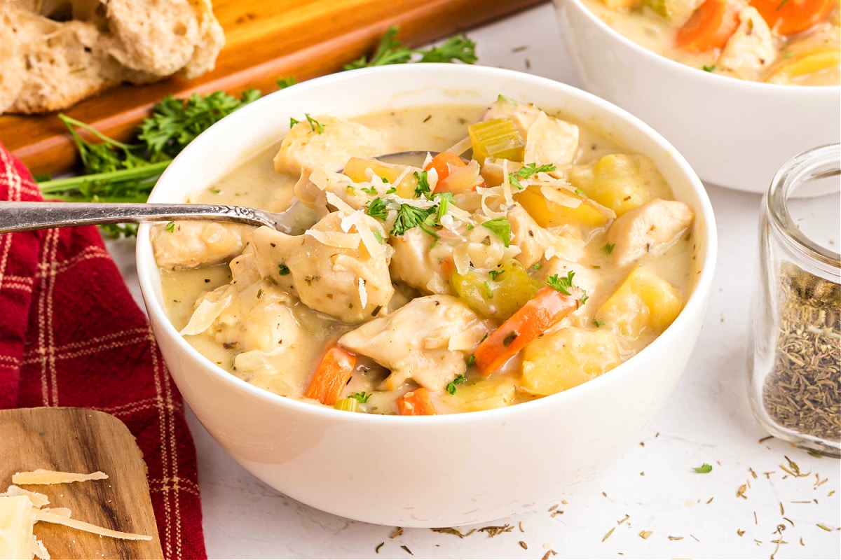 creamy chicken stew close up in bowl close-up of creamy chicken stew in a white bowl with chicken, carrots, celery, and potatoes in a thick, creamy broth topped with parsley and Parmesan.