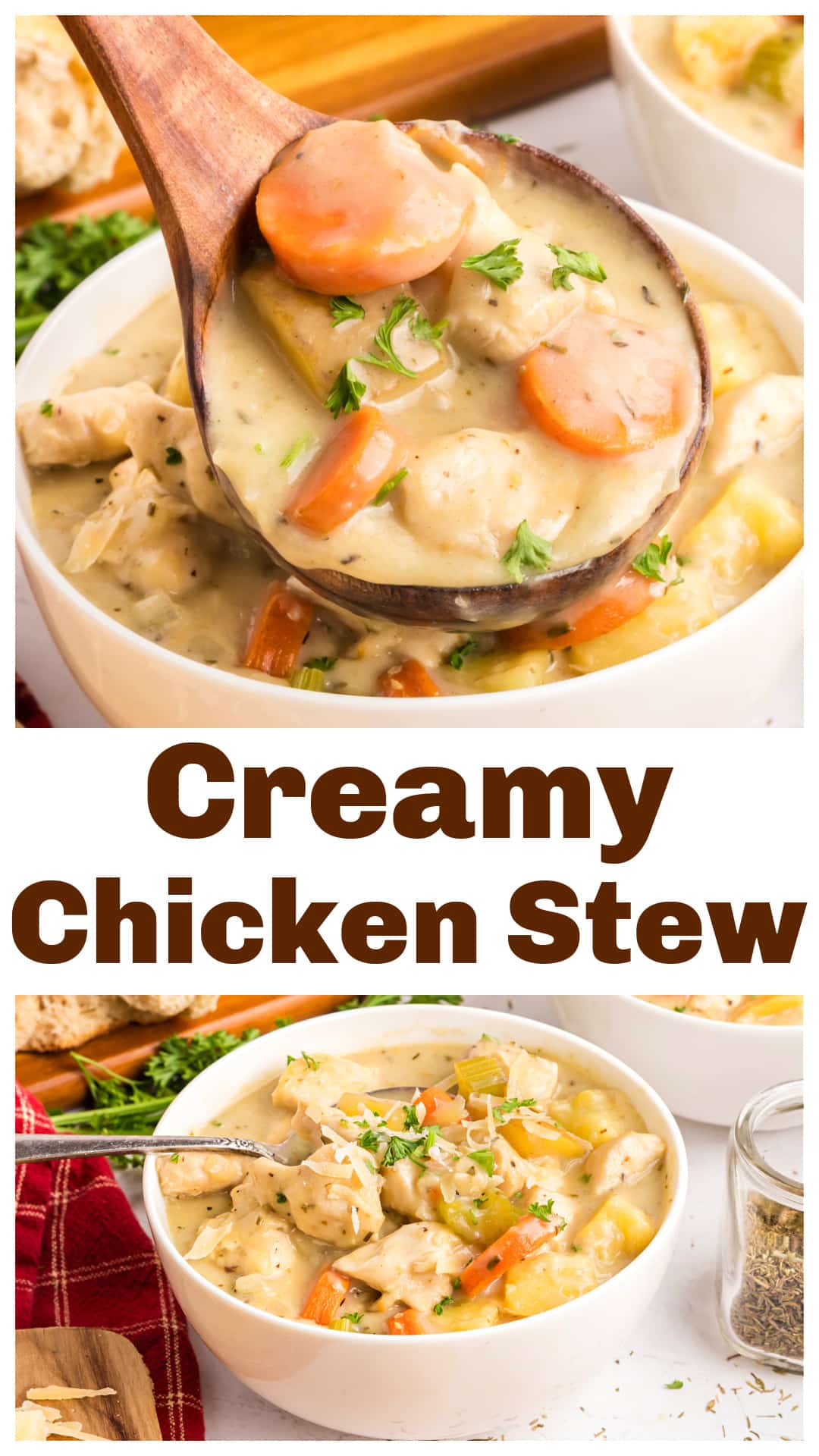 Creamy chicken stew simmered on the stovetop with carrots, celery, and potatoes in a rich, herb flavored broth. This one pot chicken dinner feels slow cooked but comes together easily. A light roux, cream, and Parmesan make the broth thick and velvety. Aromatics and savory herbs keep it classic comfort and great for leftovers. via @cmpollak1