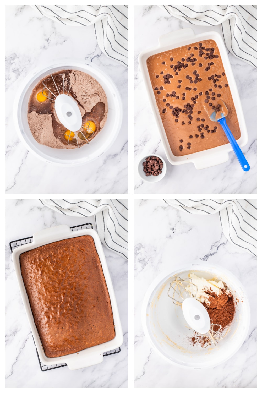 How to make German chocolate poke cake step-by-step Step-by-step collage showing how to make German chocolate poke cake from mixing the batter to baking and preparing the frosting drizzle.