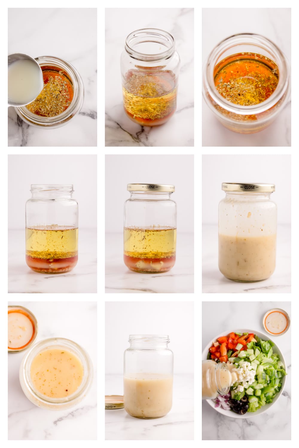 Step-by-step images showing how to make Greek salad dressing in a jar with oil, vinegar, and seasonings.
