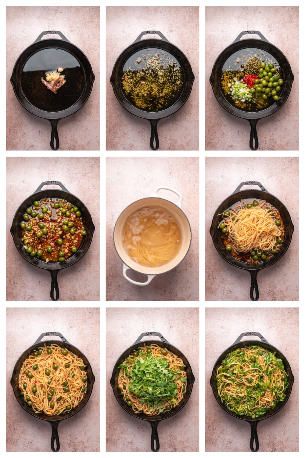 olive-and-caper-pasta-how-to-make-collage Step-by-step process of making olive and caper pasta showing garlic, anchovies, green olives, and arugula in a skillet.