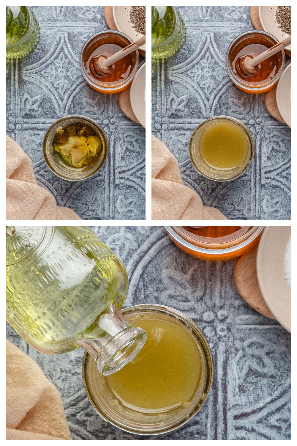 How to Make Honey Champagne Vinaigrette Step-by-step photos showing how to make honey champagne vinaigrette with Dijon, honey, and oil being combined and mixed in a glass jar.