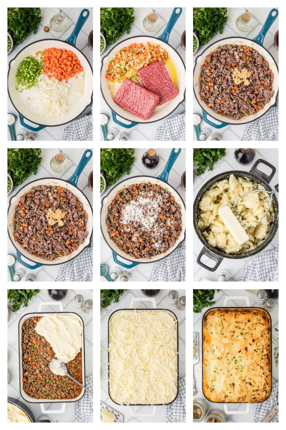 making cottage pie with gruyere mashed potatoes step by step Step-by-step photos showing how to make cottage pie with Gruyère mashed potatoes, from sautéing vegetables and browning beef to layering and baking the dish.