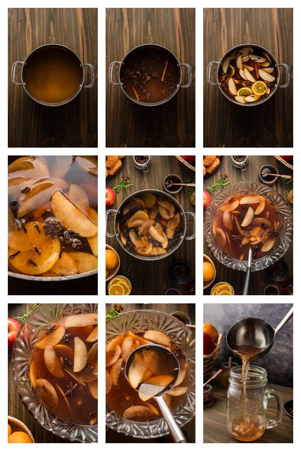 Step-by-step collage showing how to make mulled cider from heating apple cider with spices to adding oranges and apples before ladling into a glass bowl.