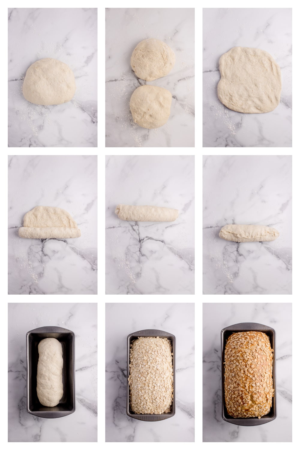 honey oatmeal bread step by step Step-by-step collage showing how to shape and bake honey oatmeal bread loaves.