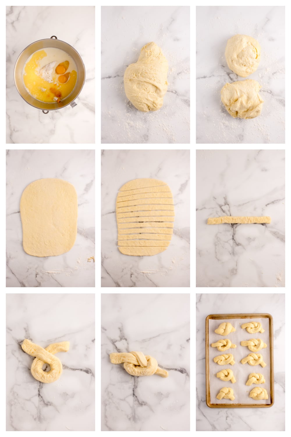 Step-by-step process showing dough rolled, cut, and tied into knots on a floured surface.