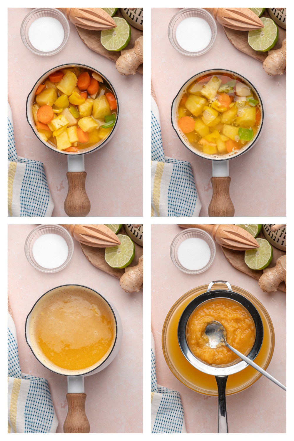 Step-by-step collage showing pineapple, carrot, and habanero mixture simmering, blending, and straining into smooth hot sauce.