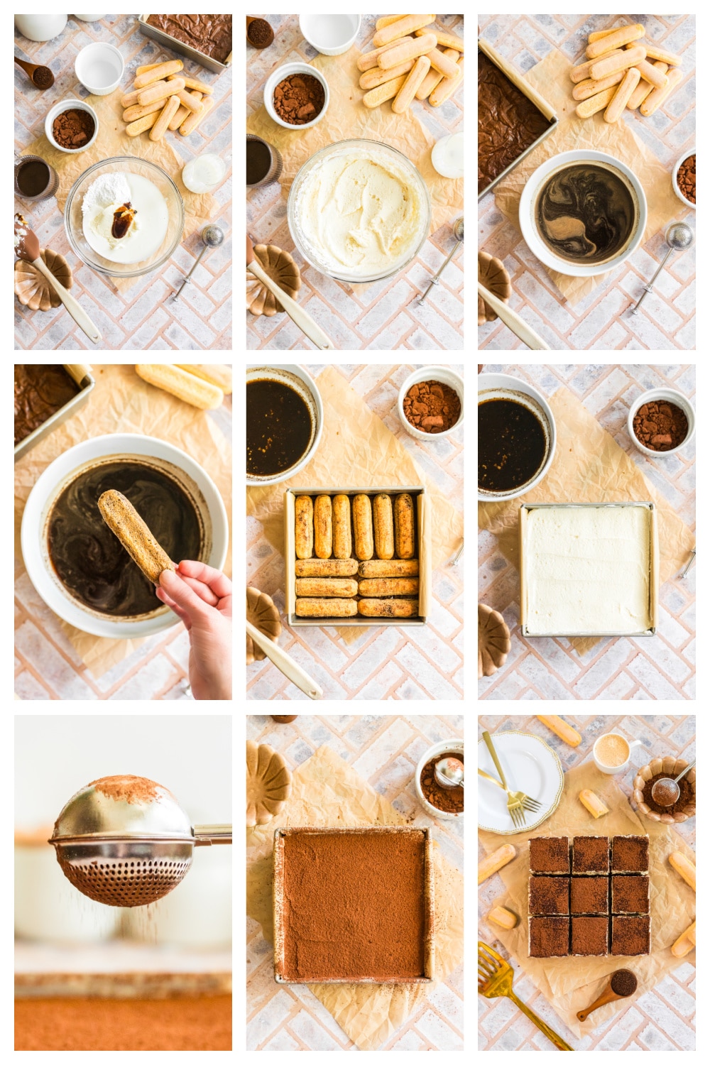 how to make brownie tiramisu dessert step-by-step with espresso dipping and mascarpone cream layering.