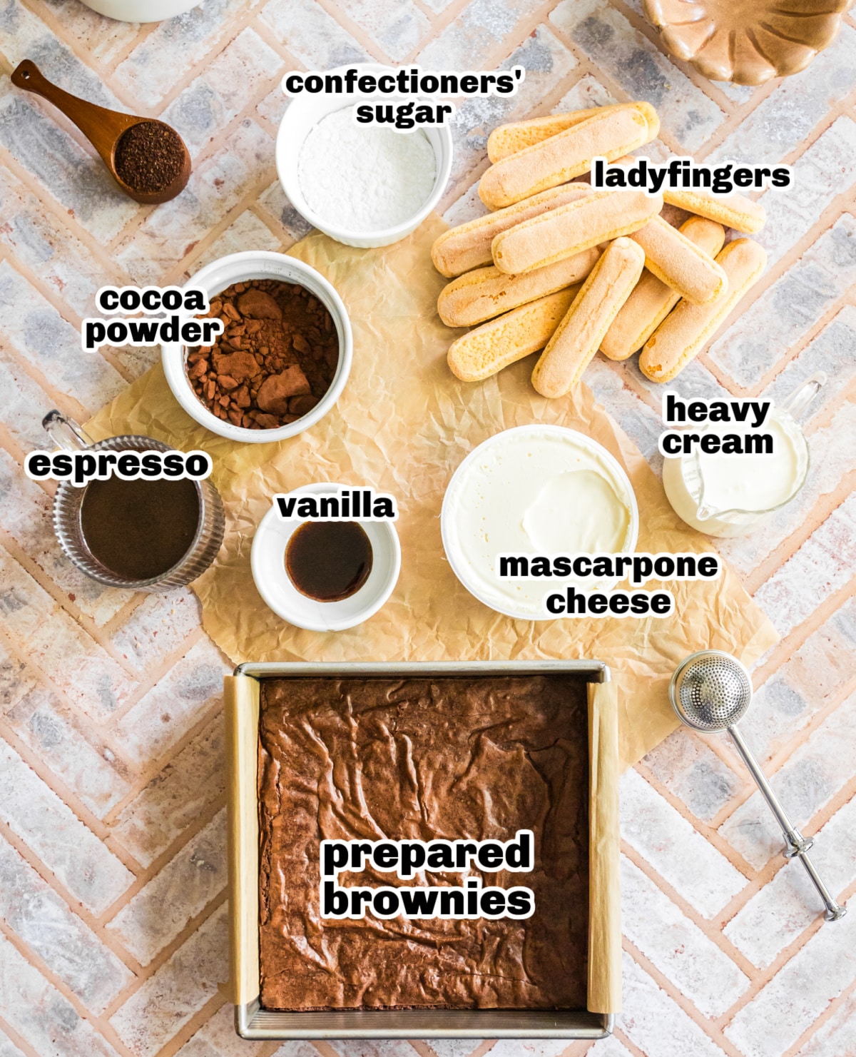 mascarpone espresso brownies ingredients layout showing cocoa powder, espresso, and ladyfingers.