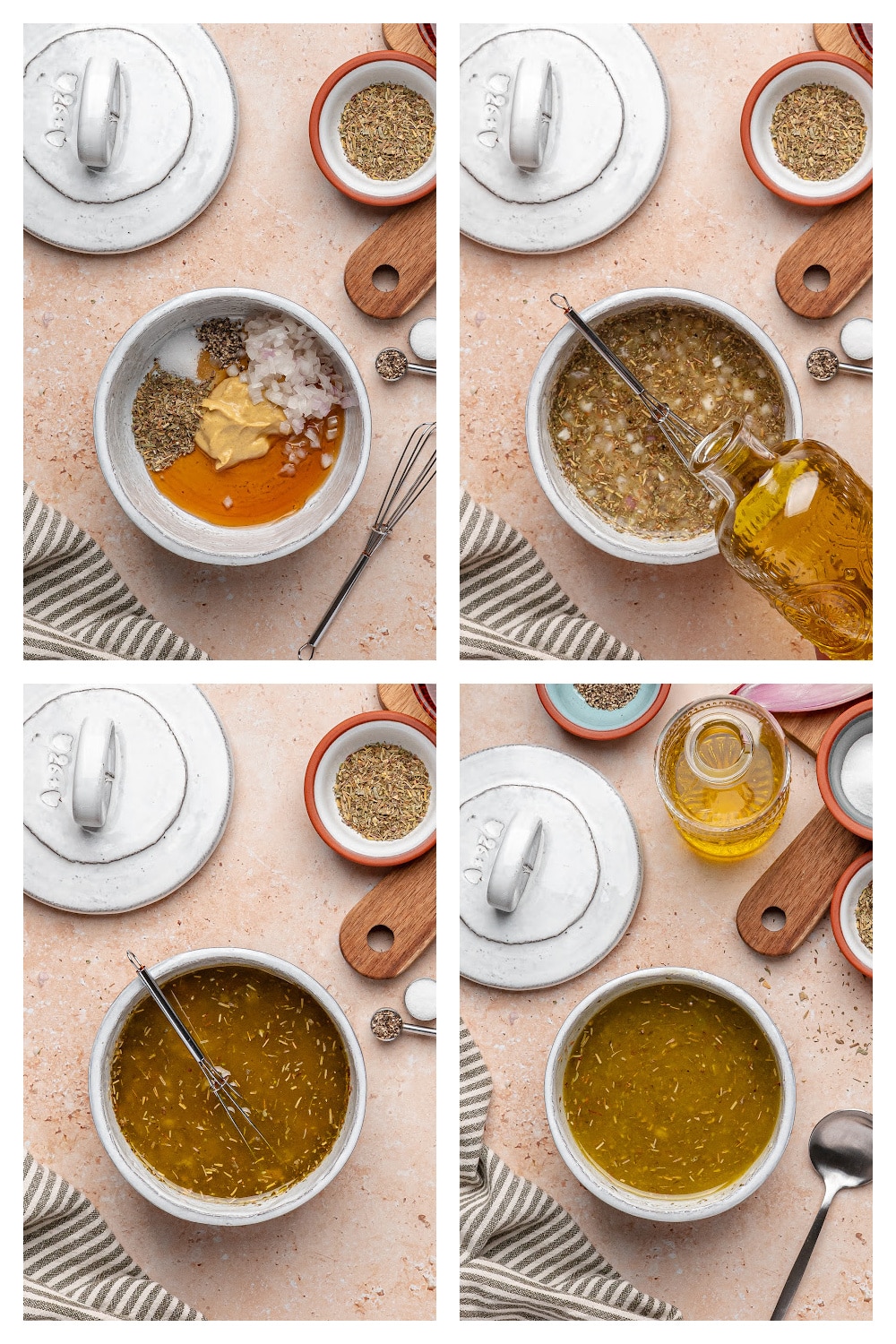 How to Make Homemade Vinaigrette Step-by-step photos showing how to whisk vinaigrette with shallot, Dijon, and maple syrup