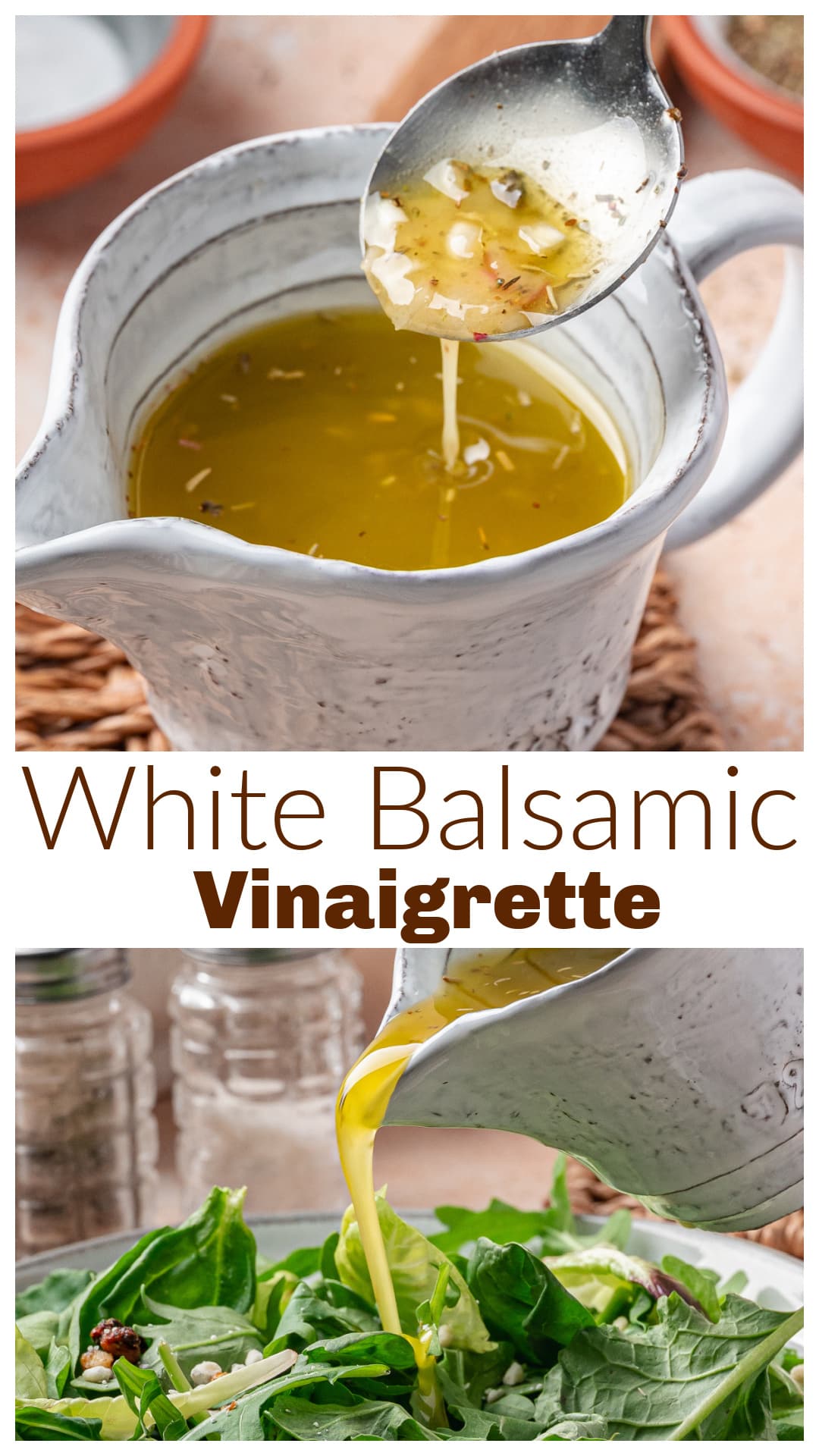 White balsamic vinaigrette recipe made with Dijon mustard, maple syrup, shallot, and olive oil. A quick homemade salad dressing that’s tangy, lightly sweet, and easy to whisk together. Use this white balsamic dressing on salad greens, grain bowls, or roasted vegetables. Keeps in the fridge for a week and tastes better than anything bottled. via @cmpollak1