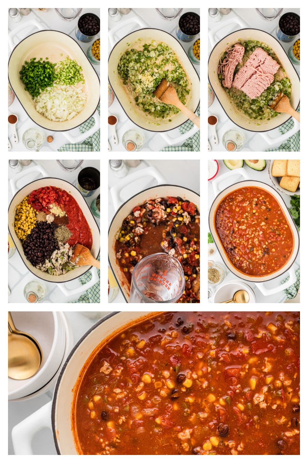 Step-by-step collage showing how to make ground chicken chili, from sautéing vegetables and browning chicken to adding tomatoes, beans, corn, and spices before simmering.