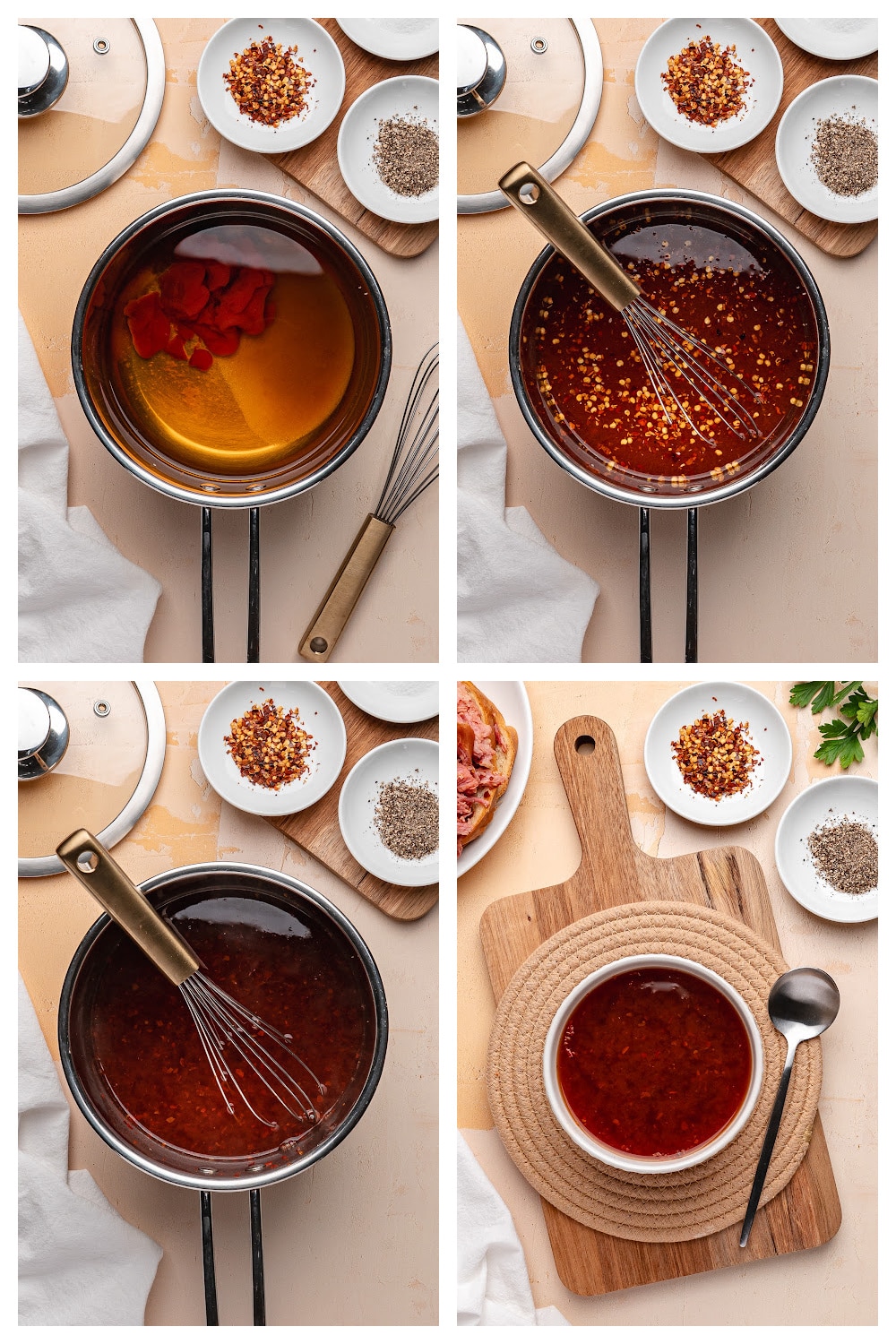 Western Carolina BBQ sauce process collage. Step-by-step process showing how to make Western Carolina BBQ sauce, from simmering vinegar and ketchup to whisking in spices and finishing the sauce.