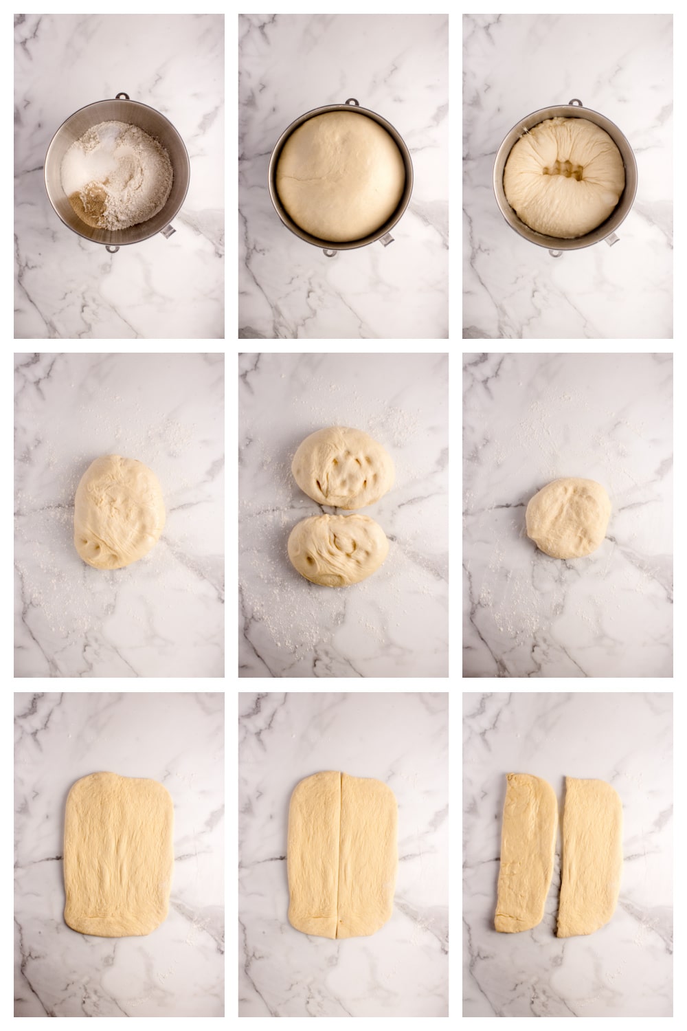 Step-by-step process of mixing and rising enriched Parker House Roll dough.