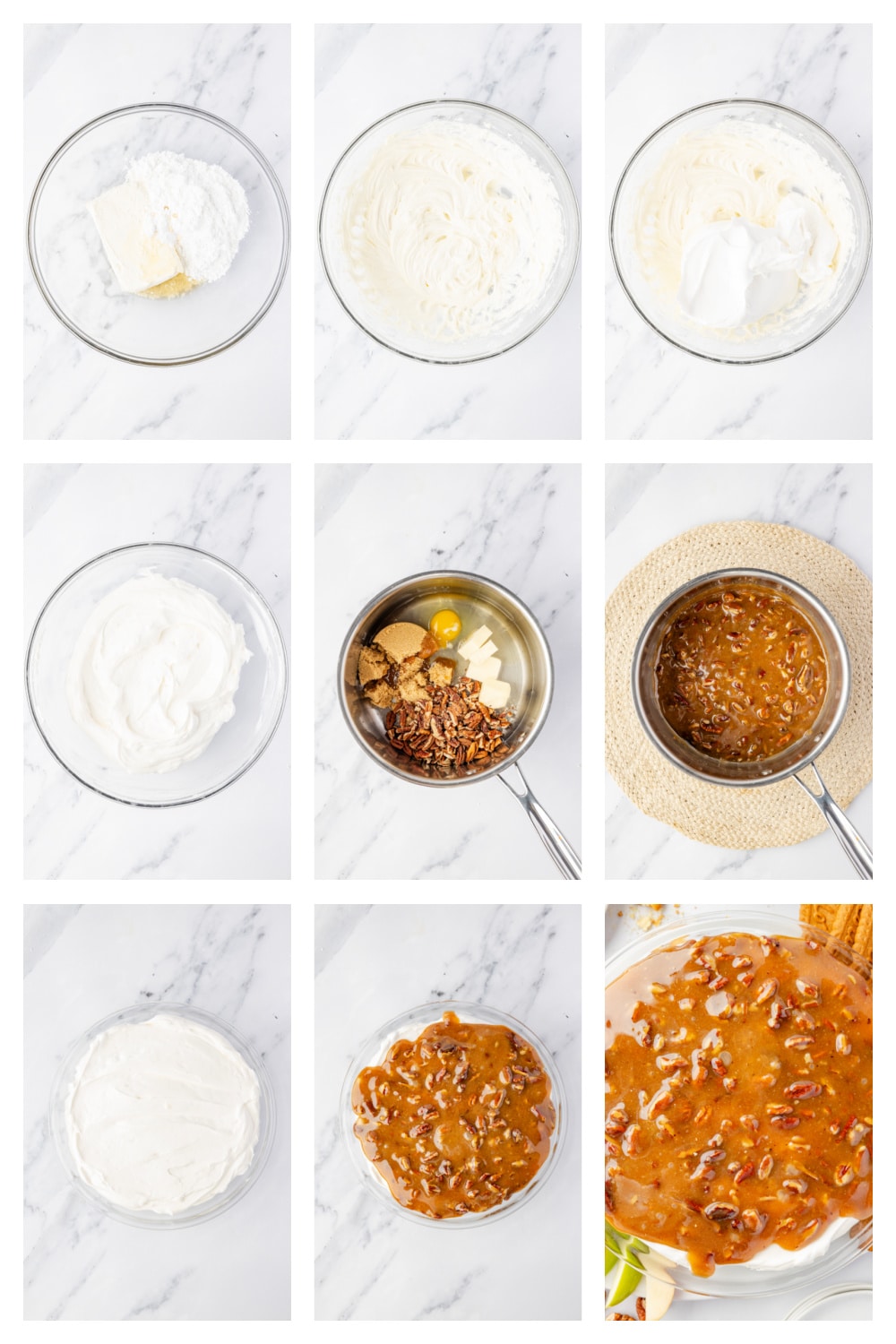 Step-by-step images for assembling the cream cheese and caramel pecan dip Step-by-step images showing how to make a cream cheese dessert dip, including beating the cream cheese mixture, cooking the caramel pecan topping in a saucepan, and assembling the layers in a pie dish.