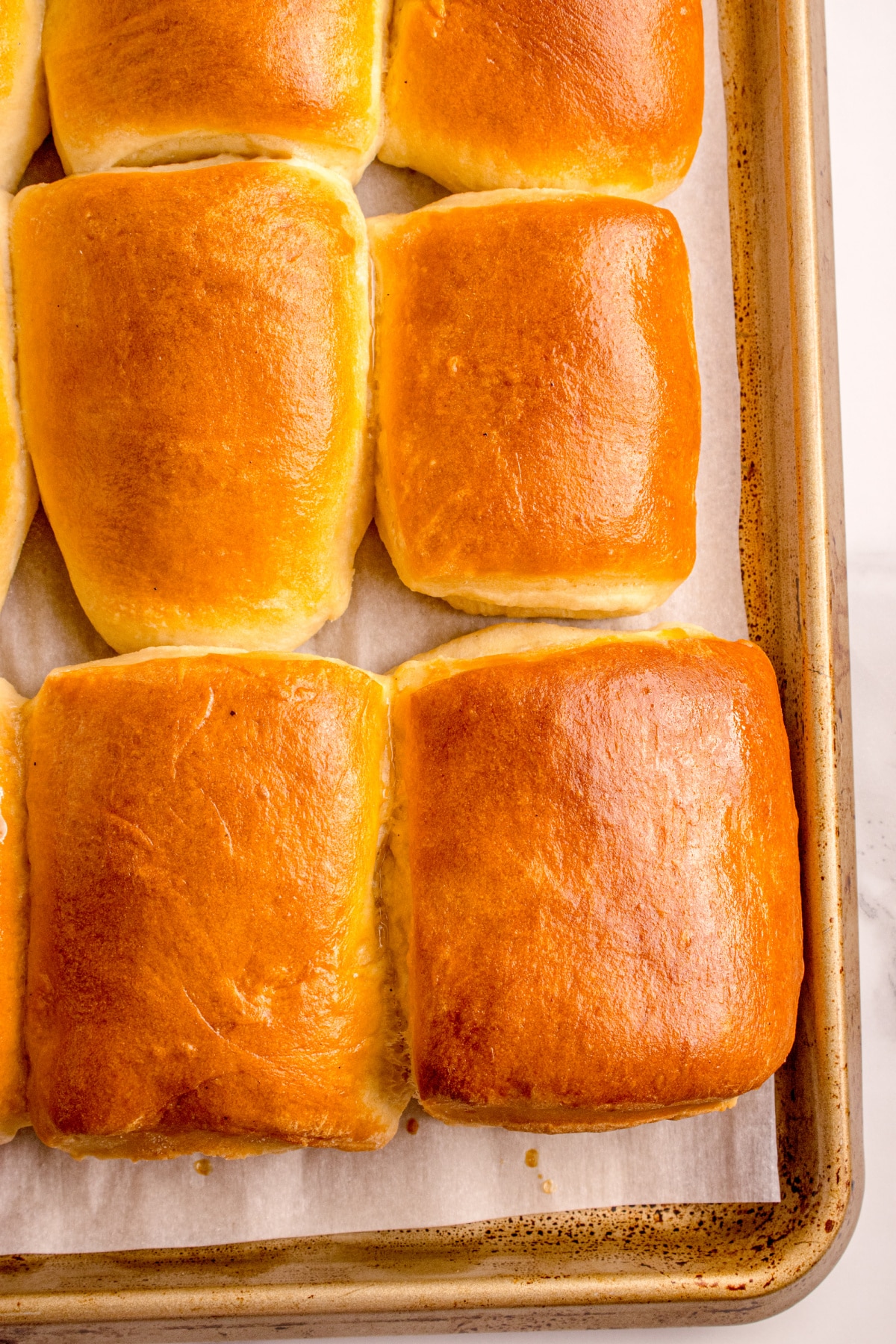 Close-up of golden Parker House Rolls showing the soft pull-apart texture of enriched yeast rolls.