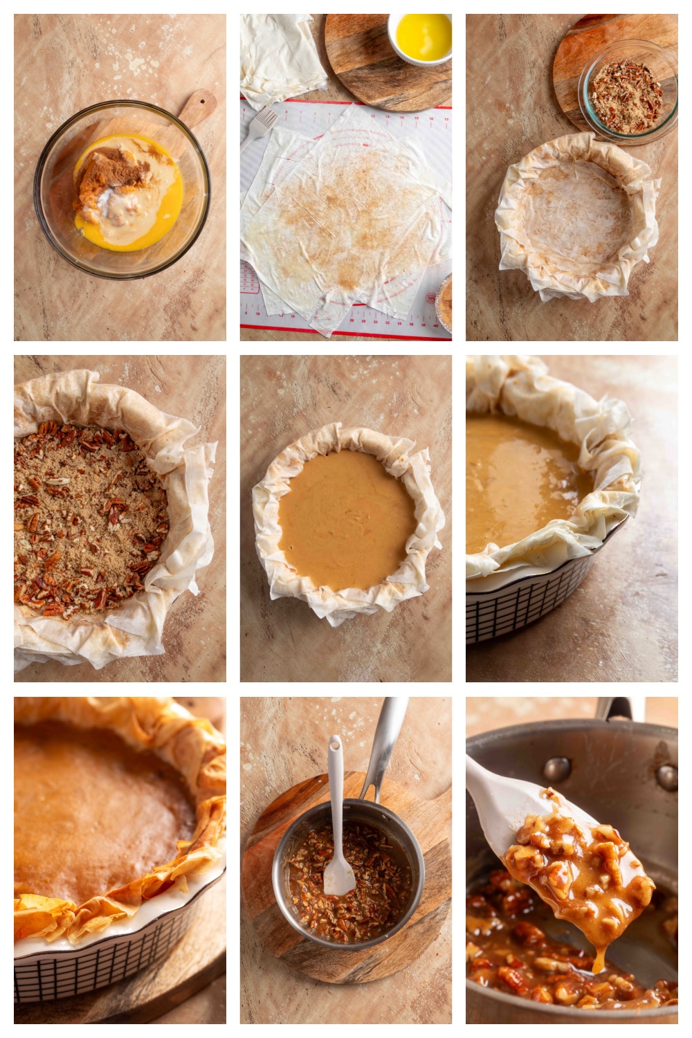 Step-by-step collage showing how to make pumpkin praline pie with phyllo: mixing the pumpkin filling, buttering and layering phyllo sheets, pressing the crust into the pie dish, adding the brown-sugar pecan bottom layer, pouring in the pumpkin custard, baking until set, and preparing the warm pecan praline topping in a saucepan.