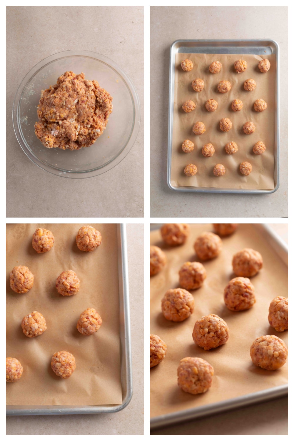 Unbaked sausage balls arranged on a parchment-lined baking sheet. Sausage ball mixture being shaped into small balls and arranged on a parchment-lined baking sheet before baking.