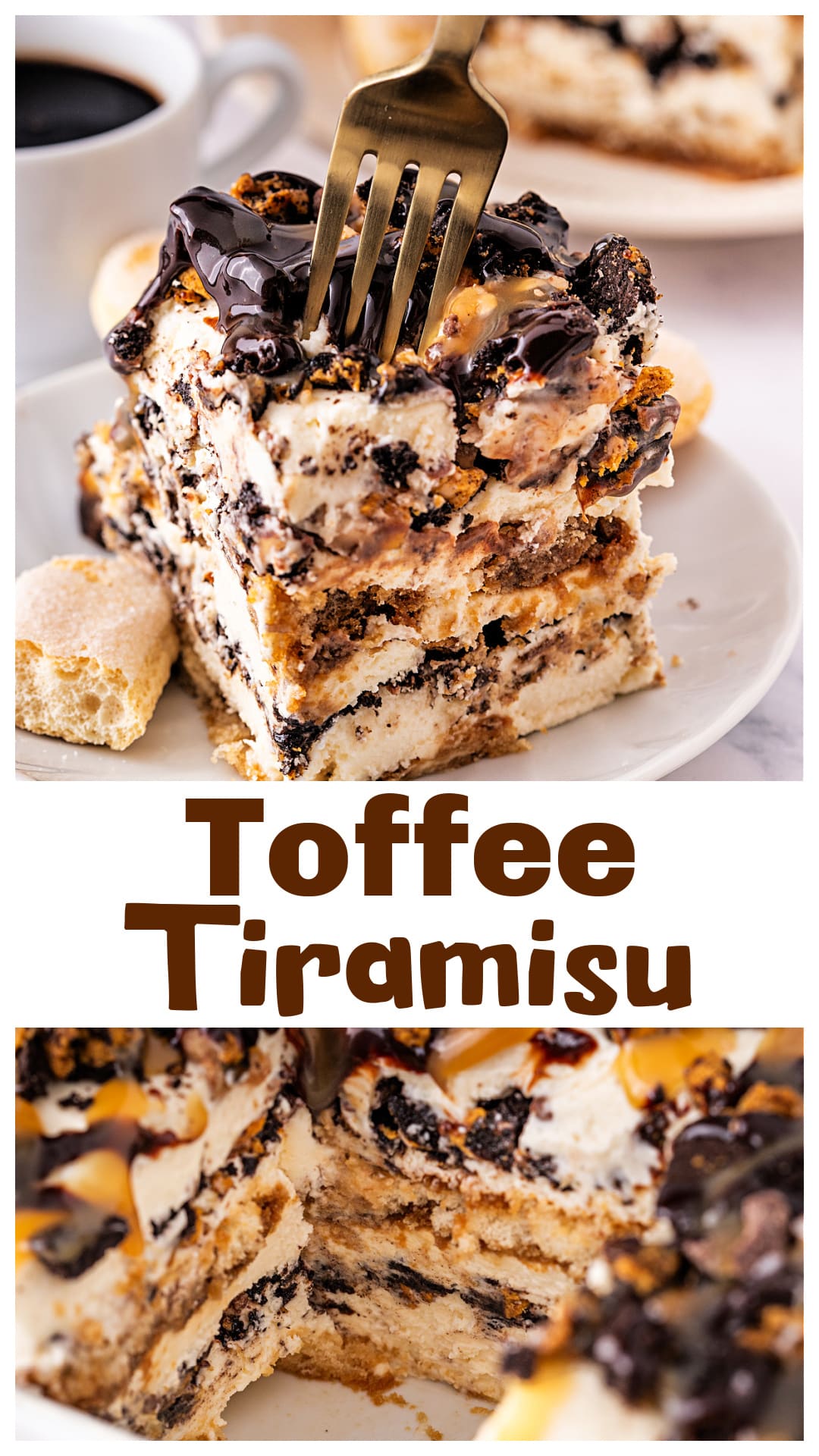 Toffee tiramisu made with espresso, mascarpone, caramel, and Toffee Crunch OREOs. A layered, no-bake dessert with creamy texture and toffee flavor. Easy tiramisu recipe for the holidays featuring Heath toffee bits, caramel drizzle, and espresso-soaked ladyfingers. Perfect make-ahead dessert for parties or holiday gatherings. via @cmpollak1