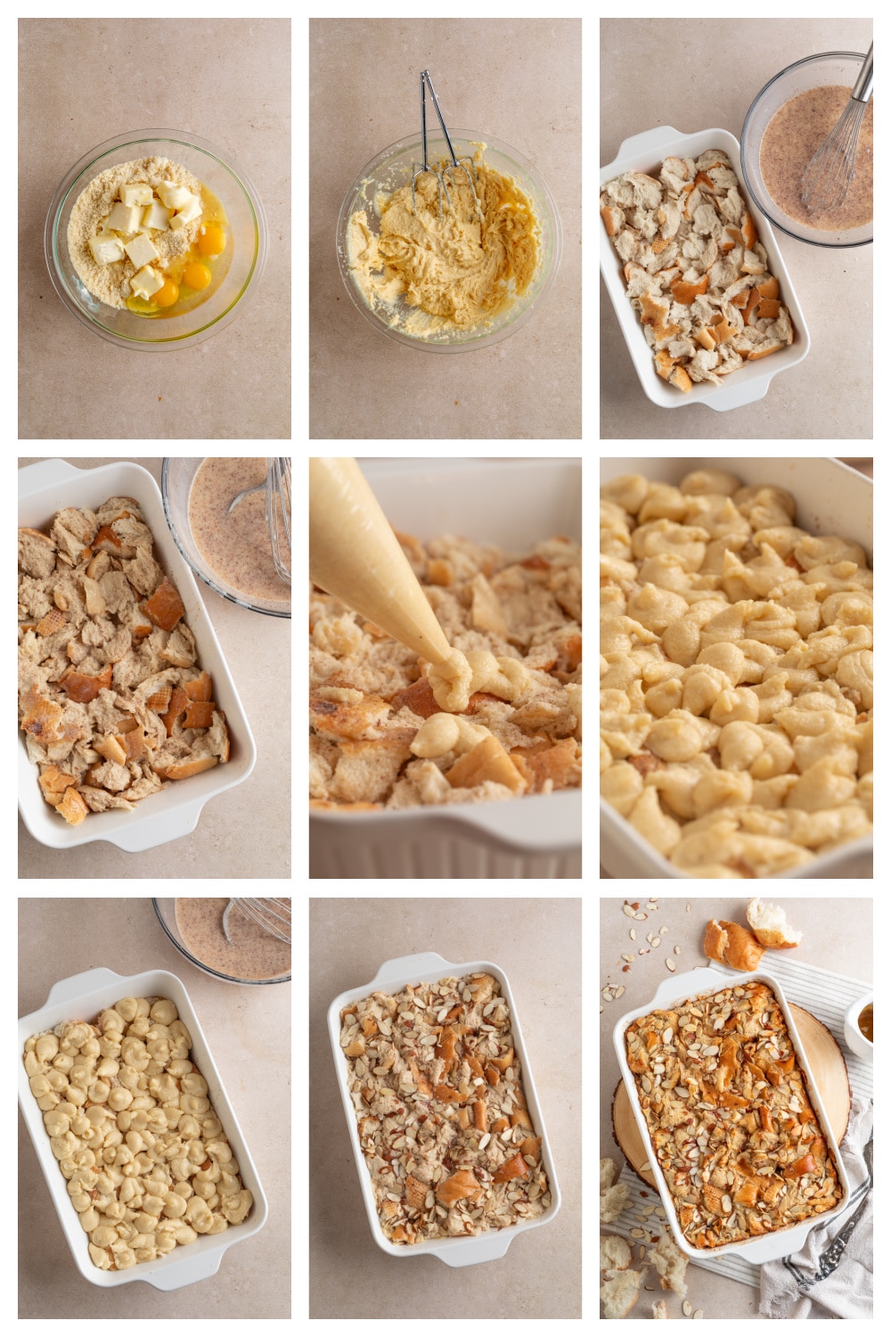 A step-by-step collage showing how almond cream bread pudding comes together, from mixing the almond filling, soaking the torn bread in custard, piping the almond cream between the layers, topping with sliced almonds, and baking until golden.