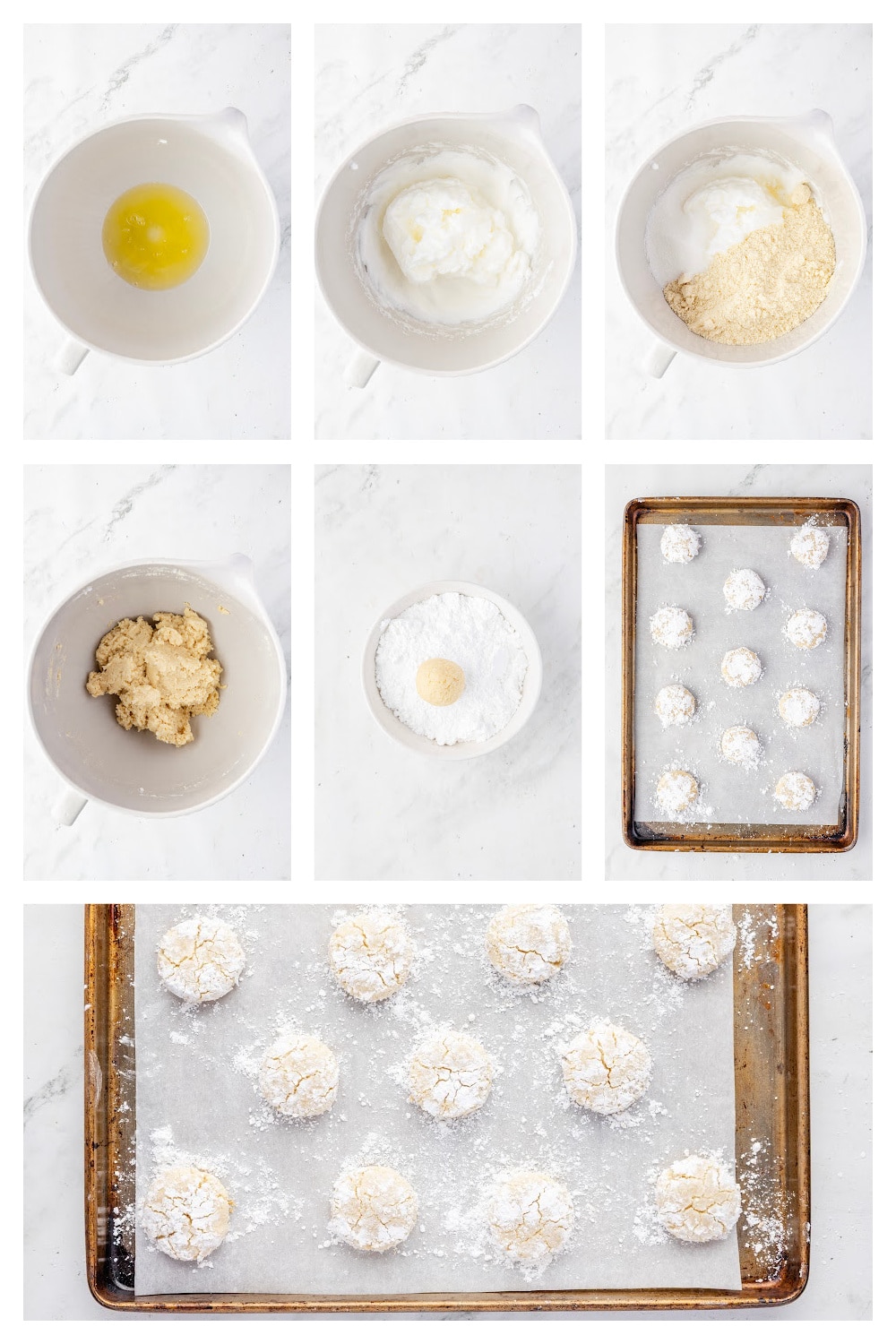 Step-by-step images showing how to make soft almond cookies, from whipping egg whites to coating the dough in powdered sugar and baking them until crackled.