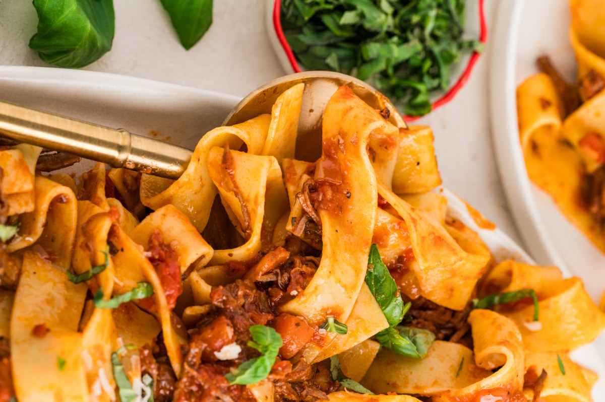 A close-up of wide pappardelle ribbons coated in braised beef ragù, twirled on a serving spoon with tomato-rich sauce, fresh herbs, and tender shredded beef.