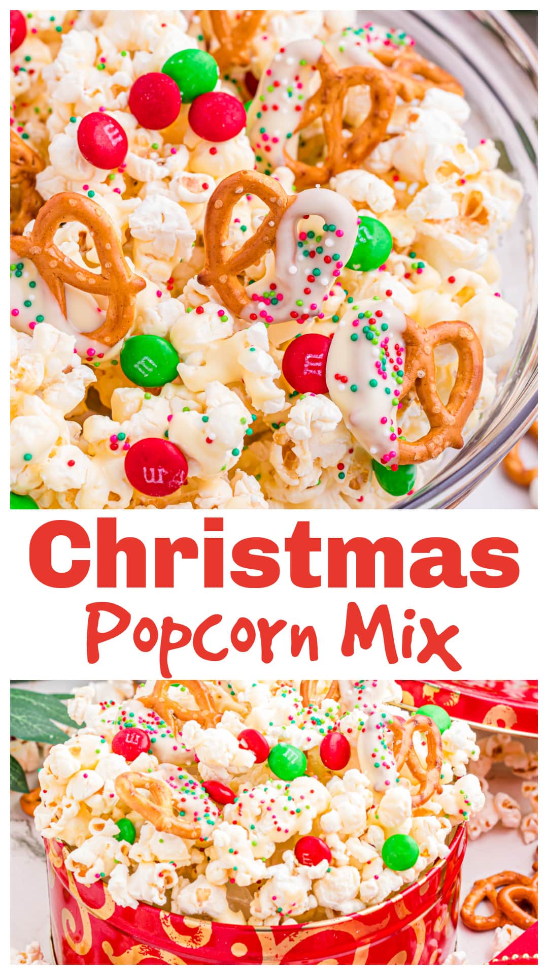 This Christmas Popcorn Mix is a festive holiday snack made with fluffy popcorn, creamy white chocolate, crunchy pretzels, red and green M&M’s, and sprinkles. Easy to make and perfect for gifting, this sweet and salty popcorn mix is ideal for Christmas movie nights, edible gifts, and holiday parties. Make it ahead, portion into bags or tins, and keep it on the counter all season long for sharing with family, neighbors, and kids during the holidays. via @cmpollak1