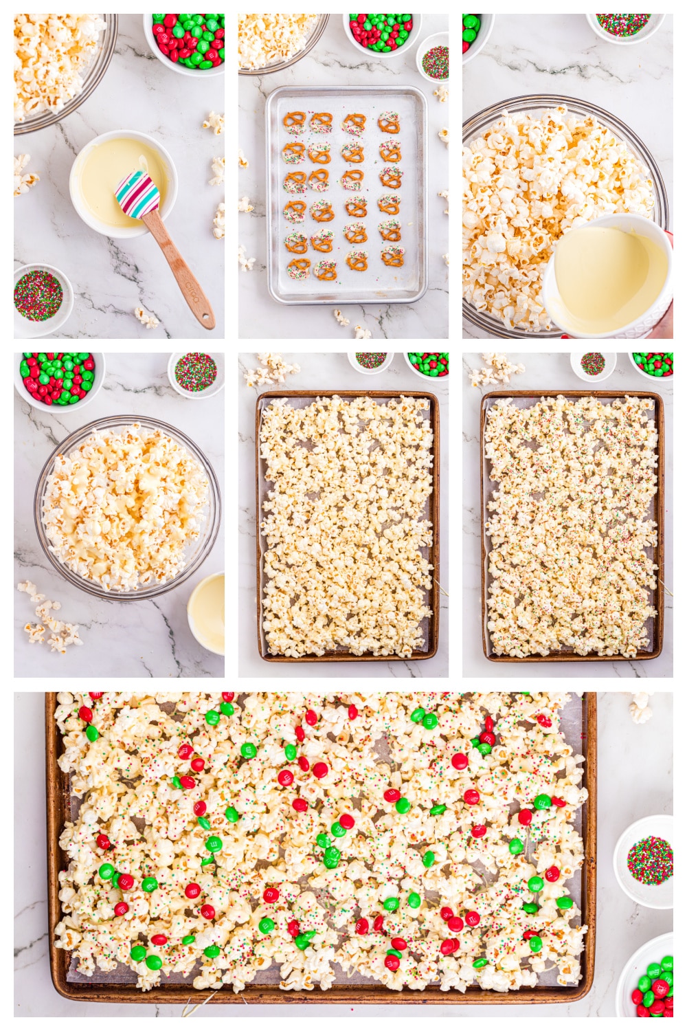 This shows how Christmas popcorn mix looks while setting on a baking sheet. How to make Christmas popcorn mix with white chocolate–coated popcorn spread on a baking sheet and topped with candy and sprinkles.