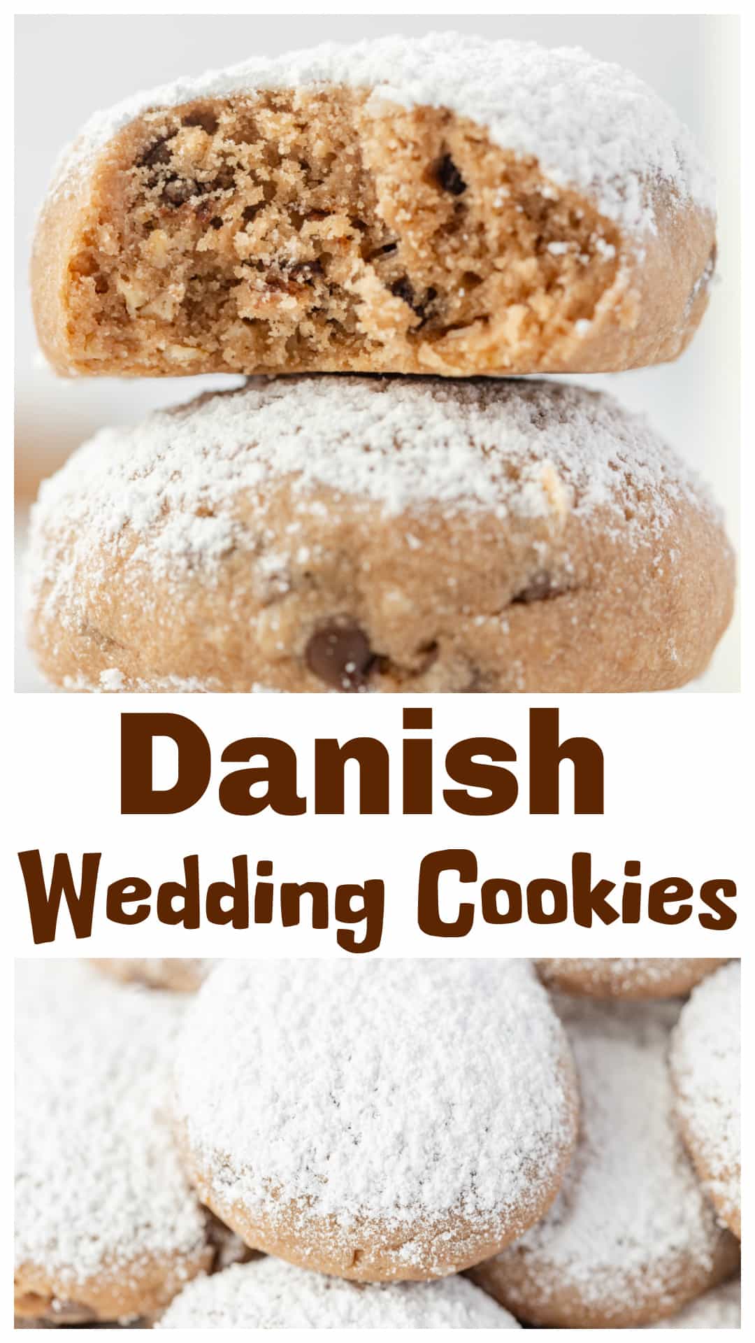 Danish Wedding Cookies are a classic Christmas cookie for holiday baking. These soft butter cookies are rolled in powdered sugar and baked until tender with chocolate chips, oats, and coconut. Perfect for Christmas cookie exchanges, holiday cookie trays, gifting, or winter baking. An easy meltaway-style cookie that looks beautiful on any Christmas dessert table. via @cmpollak1